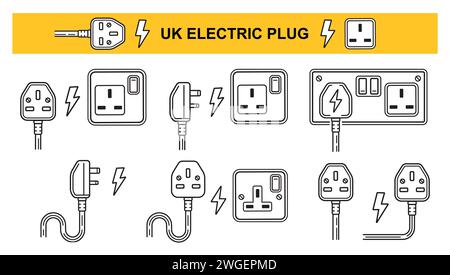 UK-Steckdose, britische Stromsteckdose, Symbolsatz für Stromsteckdose. Englischer AC-Kabelstecker. Elektrizitätsenergie. Kabel für Elektrogeräte. Vektor Stock Vektor
