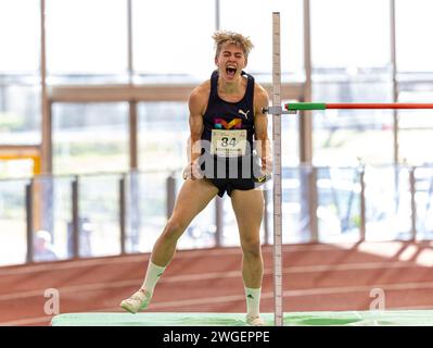 München, Deutschland. Februar 2024. Johannes Boecher (USC Mainz); Süddeutsche Hallenmeisterschaften Aktive und Jugend U18 in der Werner-von-Linde-Halle in München am 03.02.2024, (Bayern). Quelle: dpa/Alamy Live News Stockfoto