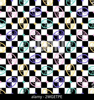Abstraktes kariertes geometrisches Ostereier nahtloses quadratisches Retro-Muster zum Einpacken von Papier und Stoffen, Kinderbekleidung und Frühlingsverpackungen Stockfoto