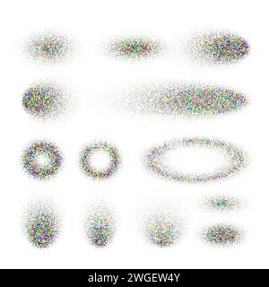 Gestrichelte Schatten, gepunktete Designelemente. Verblassender Verlauf. Stippeln, Dotwork-Zeichnen, Schattierung mit Punkten. Pixelzerfall, Halbtoneffekt Stock Vektor