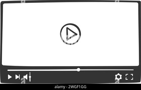 Video-Player-Schnittstelle im Doodle-Stil. Handgezeichneter Online-Filmbildschirm mit Fortschrittsregler und Schaltflächen. Multimedia Mobile App-Fenster-Vorlage für die Wiedergabe von Filmen. Vektorgrafik Stock Vektor