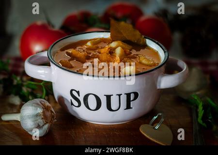 Herzhafte hausgemachte Gulasch-Suppe in einer rustikalen Keramikschale mit Brot und Knoblauch. Stockfoto