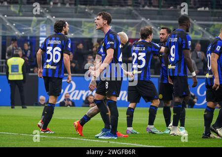 Mailand, Italien. Februar 2024. Benjamin Pavard Goal feiert während des FC Inter gegen Juventus FC, Serie A, im Giuseppe Meazza Stadium. Quelle: Alessio Morgese/Alessio Morgese/Emage/Alamy Live News Stockfoto