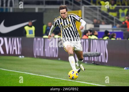 Mailand, Italien. Februar 2024. Federico Chiesa während des FC Inter gegen Juventus FC, Serie A, im Giuseppe Meazza Stadium. Quelle: Alessio Morgese/Alessio Morgese/Emage/Alamy Live News Stockfoto