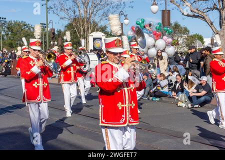 Philharmonic Band on Main, Street USA, Fantasyland, Magic Kingdom, Walt Disney World Resort, Orange County, Orlando, Florida, Vereinigte Staaten von Amerika Stockfoto