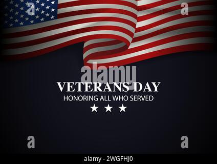 Flatternde amerikanische Flagge auf dunklem Hintergrund, Veteranentag, Vektor-Illustration Stock Vektor