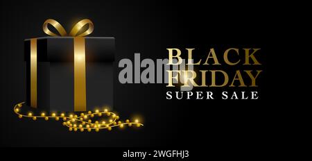 Black Friday Super Sale Text mit schwarzer Geschenkbox als Dekoration, Vektorillustration Stock Vektor