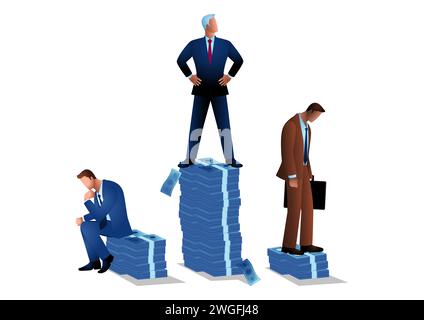 Geschäftsmann steht auf einem höheren Stapel Geld als andere Geschäftsleute, Einkommensunterschied zwischen Männern, Vektorillustration Stock Vektor