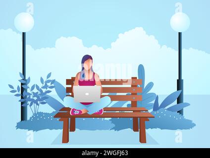 Junge Frau, die auf Holzbank im Park sitzt, während sie mit Laptop arbeitet, Vektor-Illustration Stock Vektor