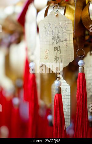 Chinesische Papieretiketten hängen an Haken an einem wunderschön verzierten Weihnachtsbaum Stockfoto