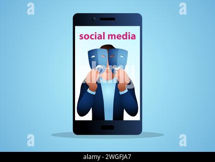 Bild eines Mannes, der glückliche und traurige Gesichtsmasken auf Social-Media-Profil hält, Verbreitung, Vortäuschung, Heuchelei, Falschheit in Social-Media-Konzepten Stock Vektor
