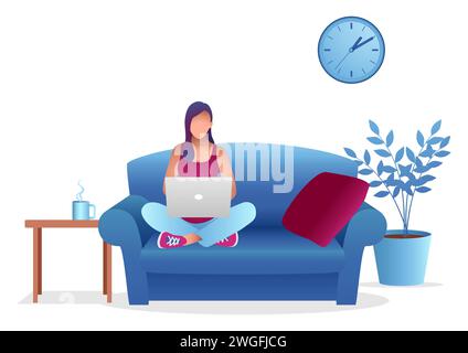 Junge Frau, die auf dem Sofa mit Laptop sitzt, Freiberufler, Arbeit und Bildung online, Vektor-Illustration Stock Vektor