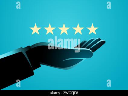 Hand gibt fünf Sterne Bewertung, Kundenbewertung, Qualitätskontrolle, Qualitätsbewertung, Servicekonzept Vektorillustration Stock Vektor