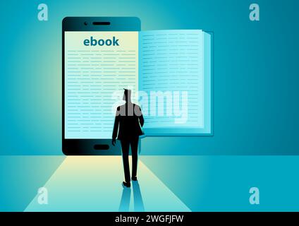 Rückansicht eines Mannes, der eBook, Technologie, Literatur, Wissen, Bildung, Vektorabbildung Stock Vektor