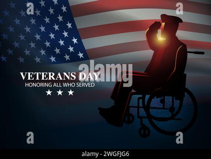 Behinderter Soldat sitzt in einem Rollstuhl und grüßt über den Hintergrund der Flagge der Vereinigten Staaten von Amerika, Vektorillustration Stock Vektor