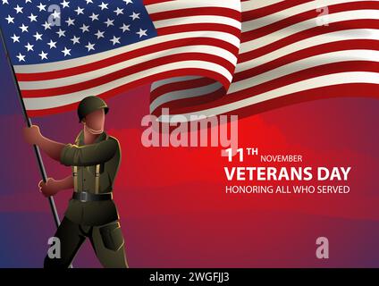 WW2 amerikanischer Soldat, der die Flagge der USA hält, Unabhängigkeitstag, Veteranentag, Vektor-Illustration Stock Vektor