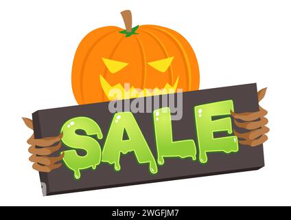 Einfache flache Zeichentrickillustration von Jack O Laterne, die Verkauf Werbebrett hält, Halloween, Vektor-Illustration Stock Vektor
