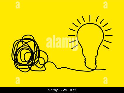 Verwirrte Linien verwandeln sich in Glühbirne, Symbol für Lösung, kreative Idee, Brainstorming Stock Vektor