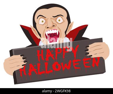Einfache flache Zeichentrickillustration von Dracula, die glückliches Halloween-Brett hält, Halloween, Vektor-Illustration Stock Vektor