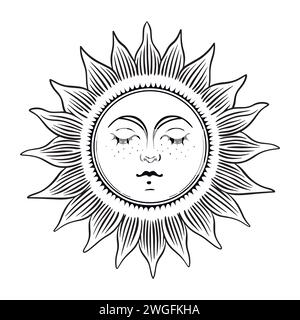 Mystische Sonne mit Gesicht und Wellenstrahlen, himmlisches Astrologie-Logo, Boho-Tattoo für Tierkreiszeichen, Tarot. Magische Hand gezeichnete Vektorillustration isoliert auf weiß Stock Vektor