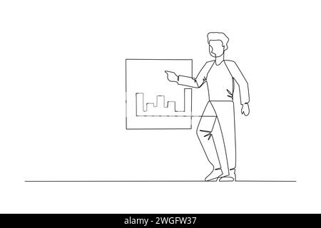 Einzelne durchgehende Linienzeichnung eines jungen Managers, der mit dem Finger auf die Bildschirmtafel zeigt, mit einem Datendiagramm. Business Präzentation Concept One Line Draw des Stock Vektor