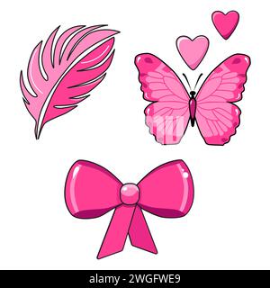Niedliche Vektor-Ikone mit rosa Feder und Schmetterlingsschleife für Valentinstag. Flache Design-Elemente-Kollektion. Minimaler Zeichentrickfilm für Design-Web-Ba Stock Vektor