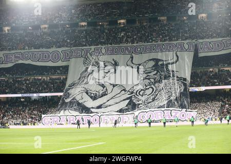 Madrid, Spanien. Februar 2024. Madrid Spanien; 05.02.2024.- Real Madrid zieht 1-1 mit Atlético de Madrid im Madrid Derby der spanischen Fußballliga im Stadion New Santiago Bernabéu in der Hauptstadt des Königreichs Spanien. Real Madrid Tor von Brahim Diaz in der 20. Minute Tor von Atlético de Madrid, erzielt von Marcos Llorente 20' 3. Vermerk: Juan Carlos Rojas/dpa/Alamy Live News Stockfoto