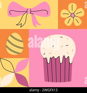 Geometrische pinkfarbene Objekte für frohe Ostern. Osterkuchen, Ei und Blume. Trendige, minimalistische Vektor-Illustrationen für den Urlaub Stock Vektor
