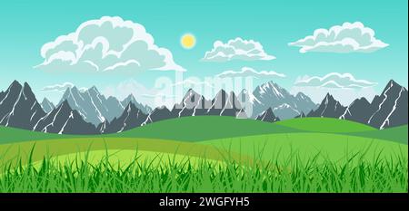 Sommerwiese. Sonnige Berglandschaft im Sommer. Handzeichnung. Nicht AI, Vektorillustration Stock Vektor