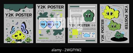 Design im Retro-y2k-Design oder Groovigem Poster. Vektor-Set aus Hippie-Banner mit niedlichen psychedelischen Pilzen mit Schmetterlingen, lustigen Herz-, Blumen- und Wolken-Zeichentrickfiguren mit glücklichen lächelnden Gesichtern. Stock Vektor