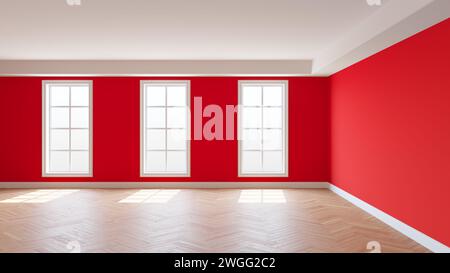 Rotes Interieur mit weißer Decke und Gesimse, glänzendem Fischgrätparkett, drei großen Fenstern und einem weißen Sockel. Sonniges, Wunderschönes Interieur. 3D Stockfoto