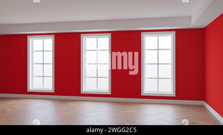Innenausstattung mit roten Wänden, drei großen Fenstern, hellem Parkettboden mit Fischgrätmuster und weißem Sockel. Wunderschönes, unmöbliertes Konzept des Zimmers. 3D Stockfoto
