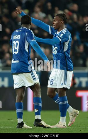 Straßburg, Frankreich. Februar 2024. Dilane Bakwa aus Straßburg feiert sein Tor während des Fußballspiels der französischen Meisterschaft Ligue 1 zwischen dem RC Straßburg und Paris Saint-Germain am 2. Februar 2024 im Stade de La Meinau in Straßburg, Frankreich - Foto Jean Catuffe/DPPI Credit: DPPI Media/Alamy Live News Stockfoto