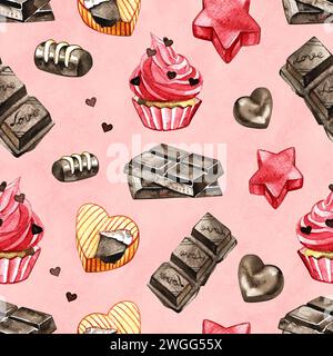 Süße Desserts nahtloses Muster in Aquarellfarben auf rosa Hintergrund. Herzförmige Süßigkeiten, Kekse und Schokolade Stockfoto