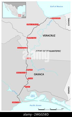 Vektorkarte der Tehuantepec Railway, Mexiko Stockfoto