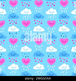 Nahtloses Valentinstag-Muster in Pastellfarben, bewölktem Himmel und Herzregen. Handgezeichnete Vektorgrafik. Stock Vektor