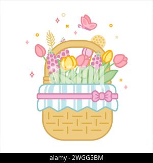 Korb mit Frühlingsblumen und Schmetterling isoliert auf weißem Hintergrund. C Stock Vektor