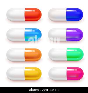 Vektor realistische 3D verschiedene Farbe medizinische Pille Symbol Satz weißen Hintergrund. Stock Vektor