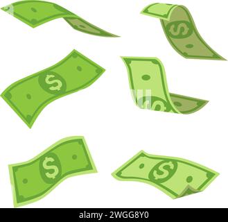 Comic-Banknoten und -Münzen. Green-Dollar-Scheckpakete, -Pakete, -Stapel und -Stapel. Fliegende Banknote und fallende Goldmünze. Bank Cash Vector Set. Illustra Stock Vektor