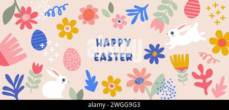 Frohe Ostern Banner. Trendiges Osterdesign mit Typografie, kräftigen Blumen, Eiern, Hasen in Pastelltönen. Moderner, minimalistischer Stil. Horizontales Poster Stock Vektor
