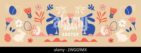 Boho Easter Concept Design, Hasen, Eier, Blumen und Regenbogen in Pastellfarben und Terrakotta Farben, flache Banner Vektor Illustrationen. Stock Vektor