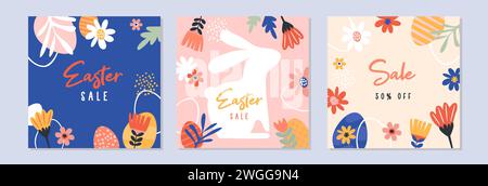 Frohe Ostern Set von Sale Banner, Grußkarten, Poster, Urlaub deckt. Trendiges Design mit Typografie, handbemalten Pflanzen, Punkten, Eiern und Hase Stock Vektor