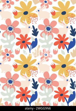 Frühling, gemusterter Hintergrund „Happy Easter“, dekorierte moderne Karte, Banner. Gemusterte Eier mit Häschen, Blumen und Korb. Farbenfroher Minimalist Stock Vektor