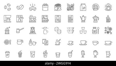 Symbolsatz Kaffeeleitung. Bohnenbeutel, Rösten, türkischer Tschezve, Tropfkapseln, Perkolator, Chorreador, Filter, Kapseln, Espresso-Vektor-Illustrationen. Einfach Stock Vektor