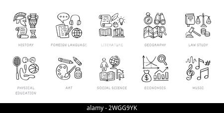 Humanitäre Wissenschaften Kritzelsymbol Set. Schulfächer - Geschichte, Sprache, Literatur, Geographie, Sportunterricht, Hand gezeichnete Piktogramme Stock Vektor