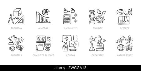 Naturwissenschaften Doodle-Symbol-Set. Schulfächer - Geometrie, Mathematik, Biologie, Chemie, Computerpädagogik, handgezeichnete Piktogramme Stock Vektor