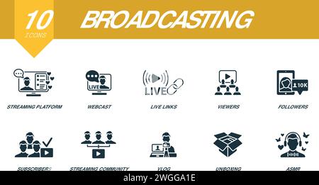 Broadcast-Set. Kreative Symbole: Streaming-Plattform, Webcast, Live-Links, Zuschauer, Follower, Abonnenten, Streaming-Community, Vlog, Unboxing. Stock Vektor