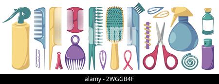 Comic-Kamm. Haarbürste und Haarstyling-Werkzeuge, Friseurzubehör für Friseur und Friseur, Schönheitssalon-Ausstattung. Vektor-isolierter Satz. Schere, Haarnadel, Bürste und Sprühflasche Stock Vektor