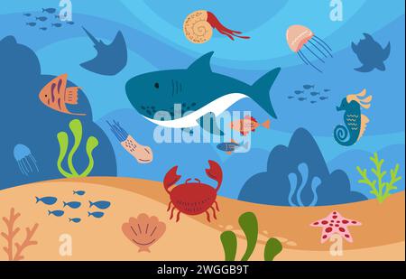 Zeichentrickfilm-Unterwasserlandschaft mit Tieren. Meeresboden mit Fischen, Tintenfischen, Quallen, Krabben, Algen und Algen. Vektor-Illustration der Meerestiere. Unterwasserleben mit Seepferdchen, Stachelrochen Stock Vektor