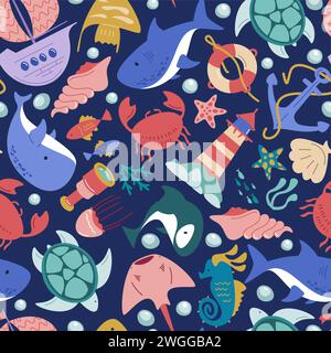 Niedliches Meerestier-Muster. Nahtloser Druck von Wildtieren im Unterwasser-Ozean, Zeichentrickdruck von lustigen Fischen, Tintenfischen, Krabben, Schildkröten und Walen. Vektortextur. Quallen, Seepferdchen und Seesterne Stock Vektor